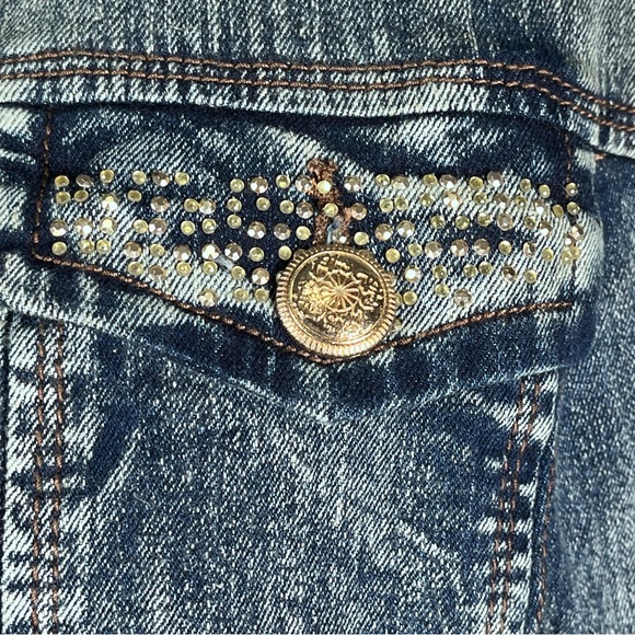 Studded Denim Vest Western Rhinestone Biker Moto Back in the Saddle Americana - Picture 3 of 8
